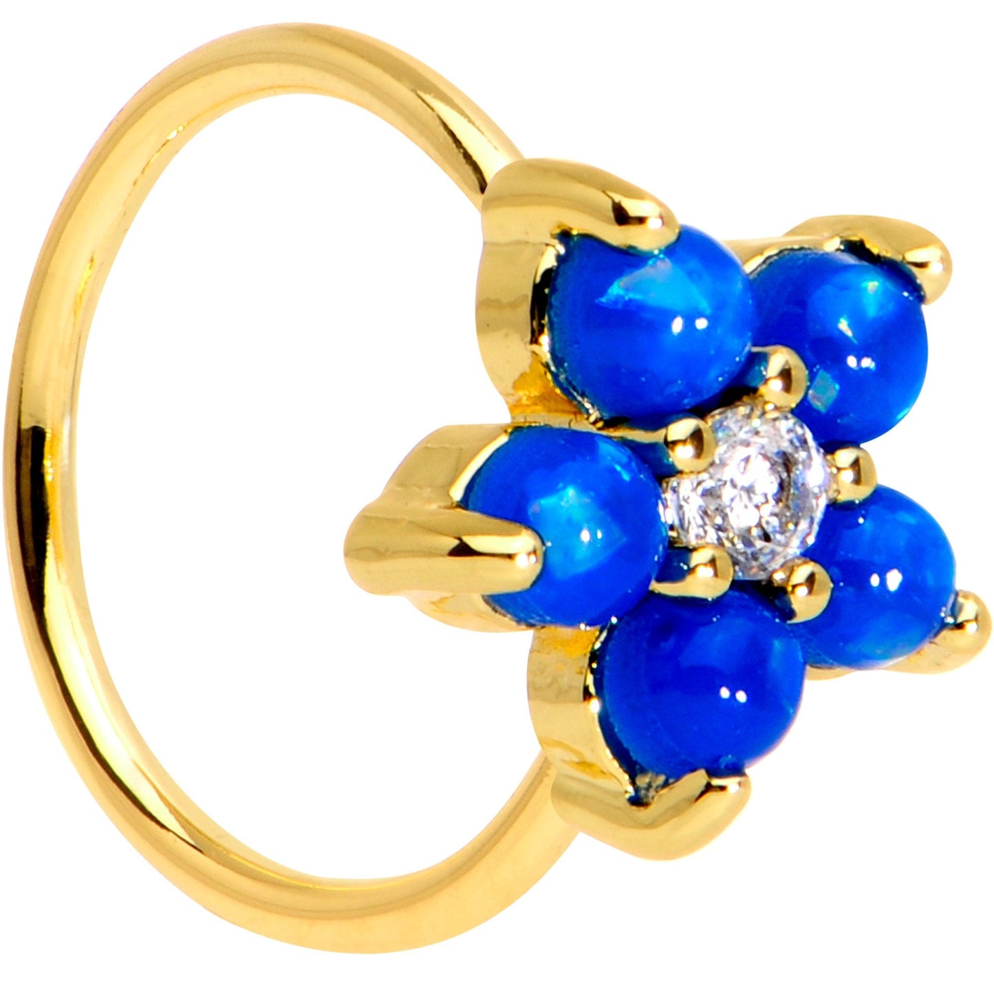 20G Clear CZ Blue Faux Opal Gold Tone Flower Circular Ring