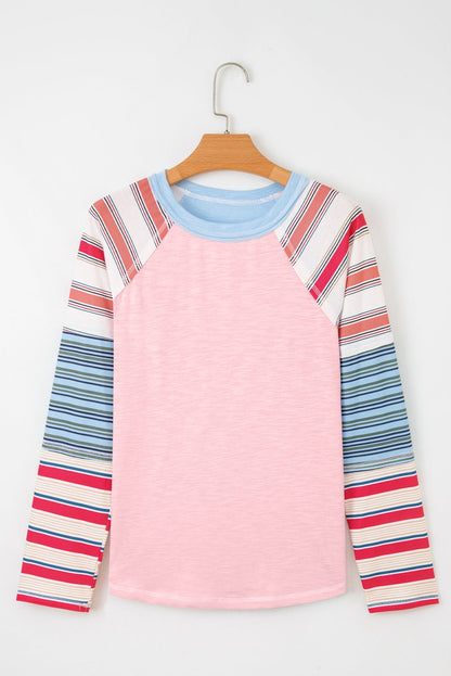 Pink Color Block Round Neck Exposed Seam Patchwork Striped Long Sleeve Top - Jaico Online Shop