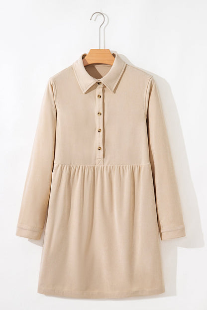 Oatmeal Corduroy Half Button Collared Long Sleeve Mini Dress - Jaico Online Shop
