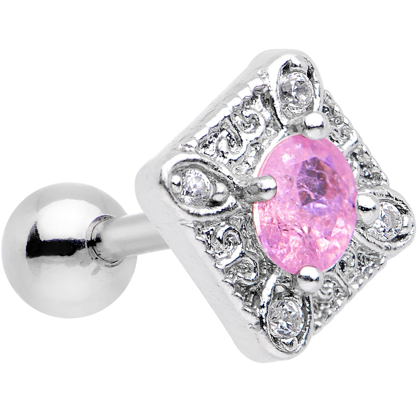 16G 1/4 Clear Pink Gem Rococo Rhombus Tragus Cartilage Earring