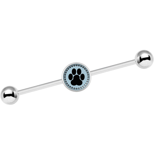 14G Black on Blue Paw Print Industrial Barbell 37mm