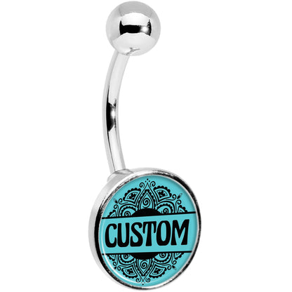 Custom Teal Mandala Personalized Name Belly Ring