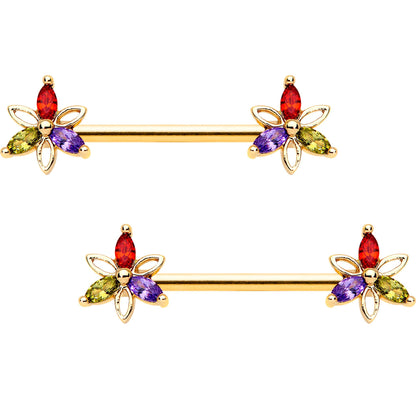 14G Rainbow Gem Star Gold Tone BCR Ring Barbell Nipple Ring Set