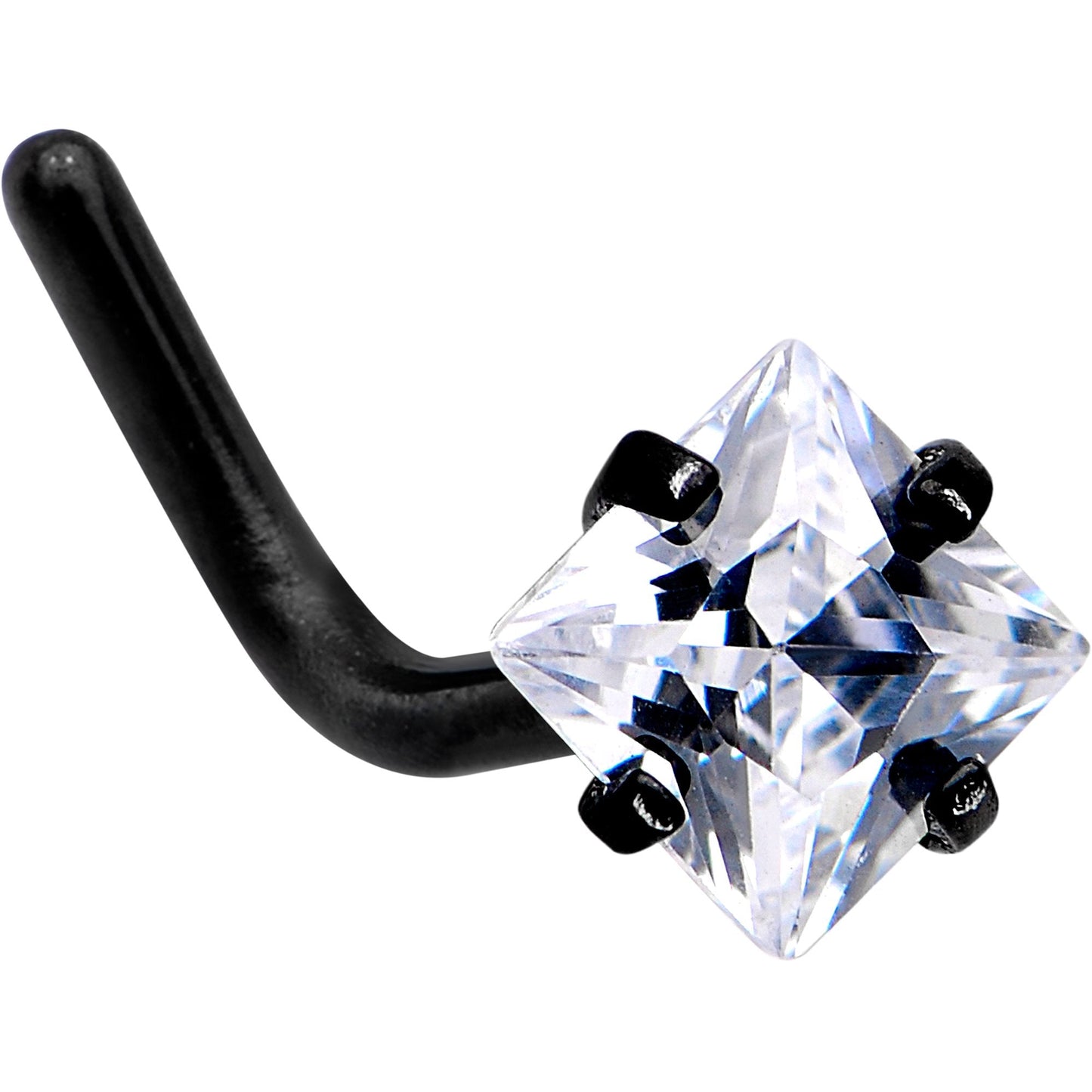 20G 1/4 Clear Square 2.5mm CZ Gem Black IP L-Shape Nose Ring