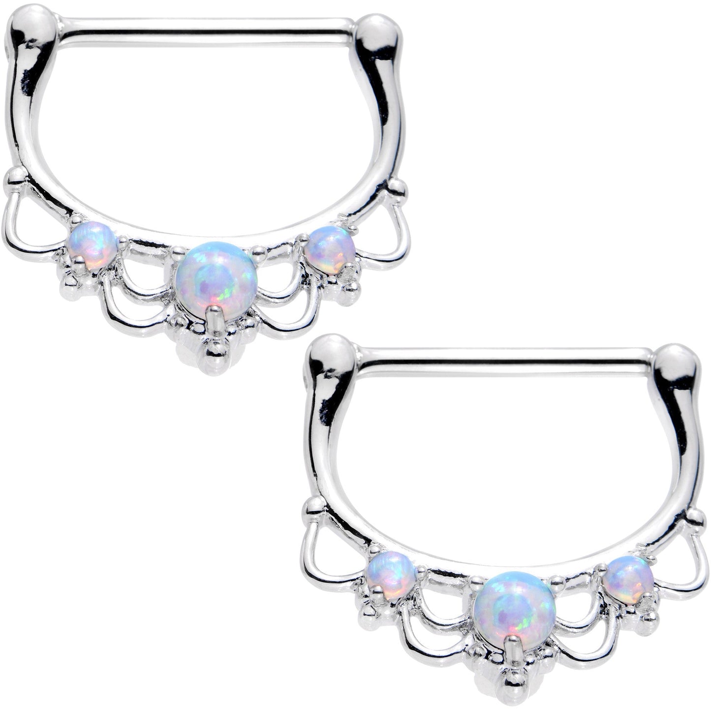 14G 9/16 White Faux Opal Delicate Flourish Nipple Clicker Set