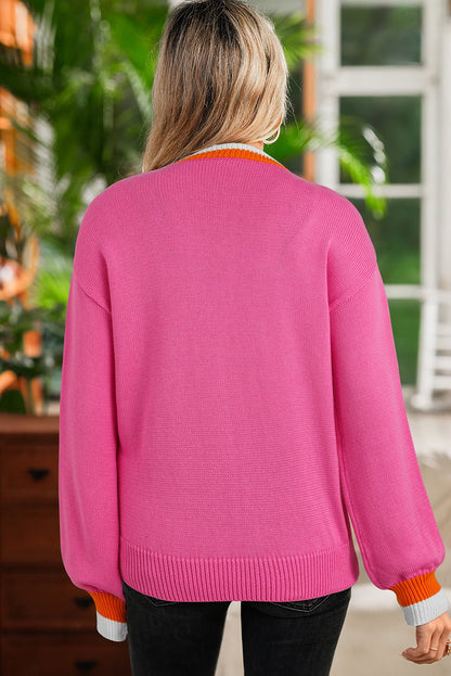 Sachet Pink Contrast Crew Neck Pearled Decor Drop Shoulder Knit Sweater - Jaico Online Shop