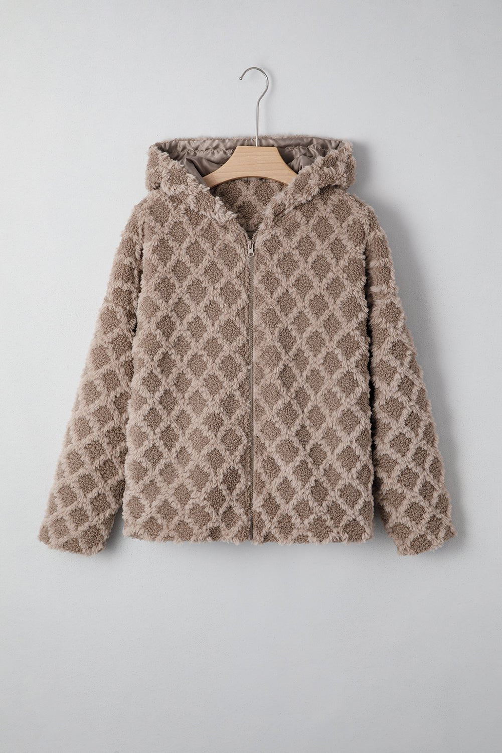 Chestnut Sherpa Rhombus Zip Up Side Pocket Hooded Jacket - Jaico Online Shop
