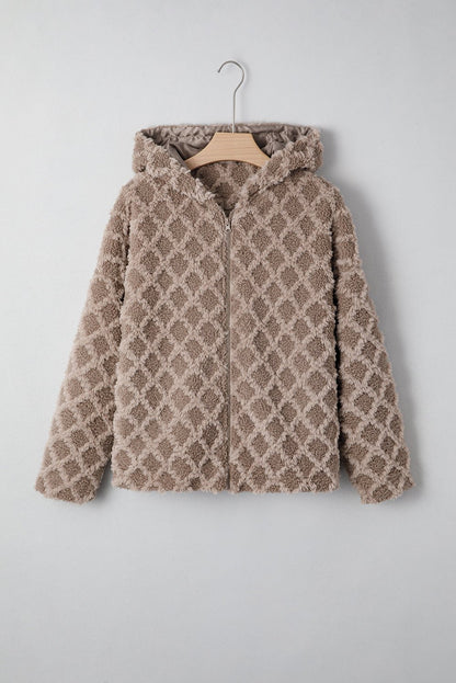 Chestnut Sherpa Rhombus Zip Up Side Pocket Hooded Jacket - Jaico Online Shop