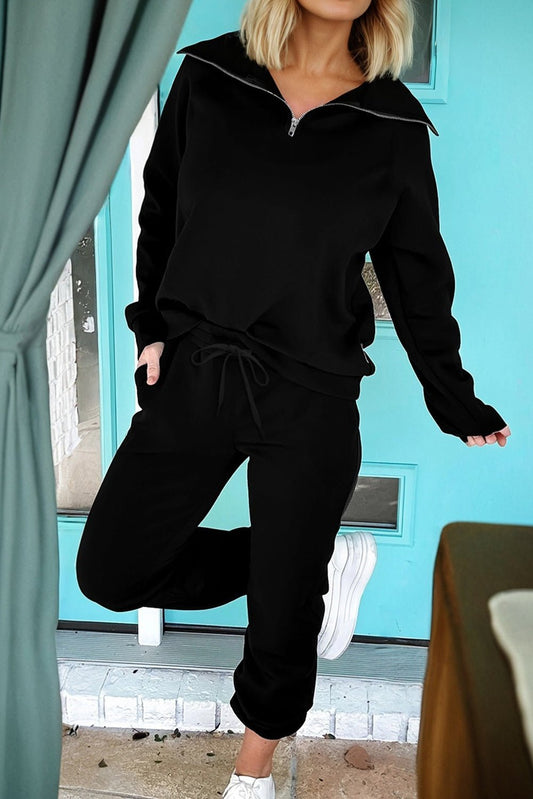 Black Zip Collar Long Sleeve Top Drawstring Pants Set - Jaico Online Shop
