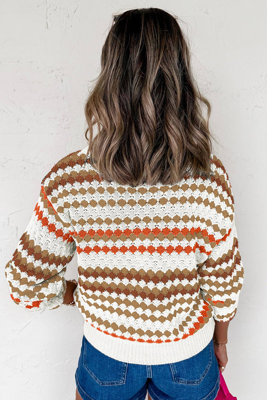 Brown Stripe Eyelet Patterned Drop Shoulder Sweater - Jaico Online Shop