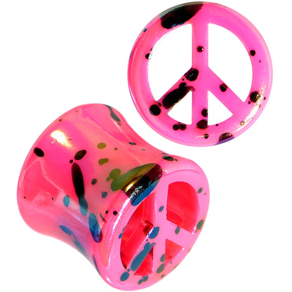 Black Speckled Pink Acrylic Peace Sign Saddle Plug Set 10mm to 20mm