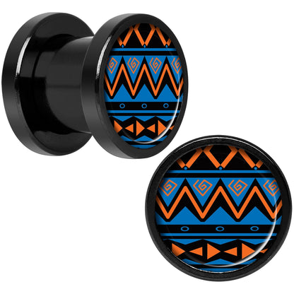 Blue Orange Tribal Print Black Anodized Screw Fit Plug Set 0G