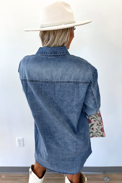 Blue Beau Chest Pocket Raw Hem Denim Loose Shirt Dress - Jaico Online Shop