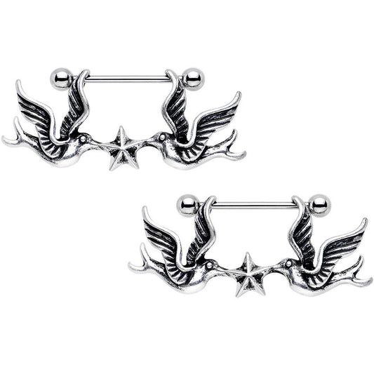 14G 7/8 Birds Nautical Star Dangle Nipple Shield Set