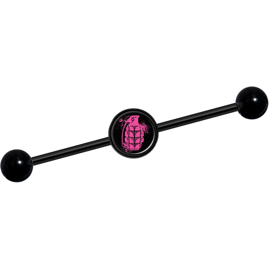 14G Pink Grenade Black Industrial Barbell 37mm