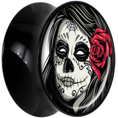 Black Acrylic Katrina Sugar Skull with Rose Flower Saddle Plug Set 18mm