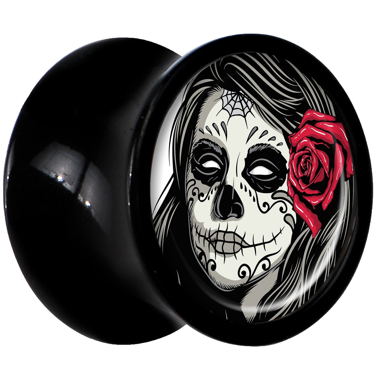 Black Acrylic Katrina Sugar Skull with Rose Flower Saddle Plug Set 0G