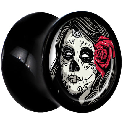 Black Acrylic Katrina Sugar Skull with Rose Flower Saddle Plug Set 0G