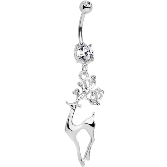 Clear CZ Gem Prancing Reindeer Dangle Belly Ring