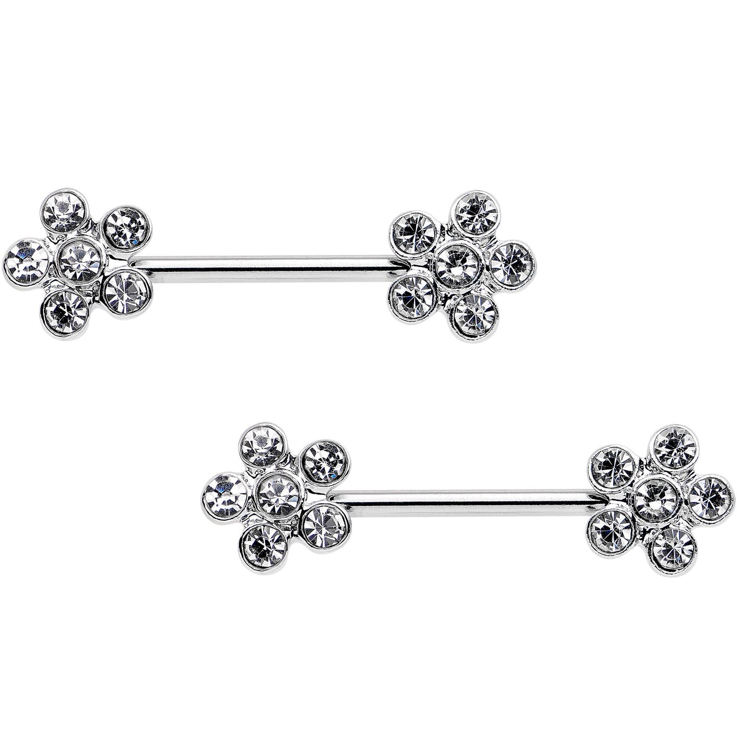 14G 5/8 Clear Gem Fancy Flower Barbell Nipple Ring Set