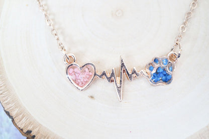 Real Pressed Flowers in Resin, Gold Dog Necklace in Blue and Pink