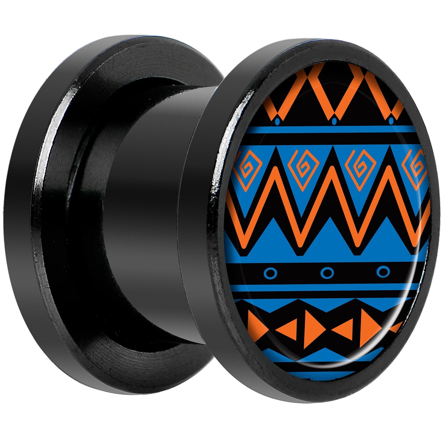 Blue Orange Tribal Print Black Anodized Screw Fit Plug Set 00G