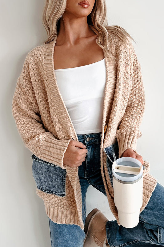 Smoke Gray Open Front Knitted Denim Pocket Patchwork Cardigan - Jaico Online Shop