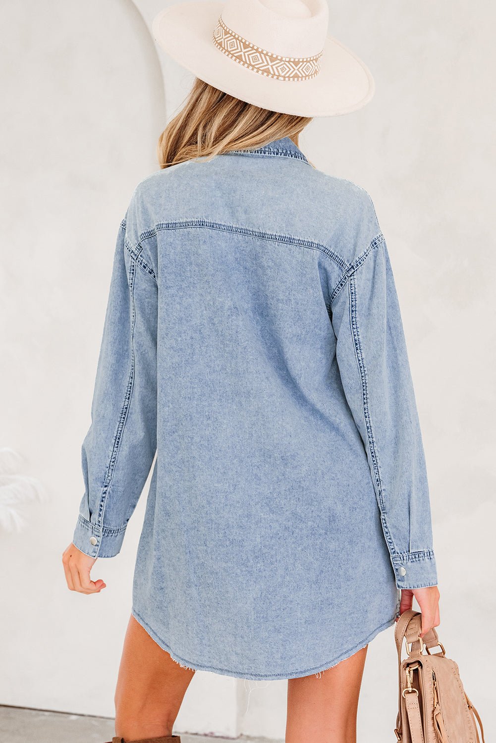 Beau Blue Chest Pocket Raw Hem Denim Loose Shirt Dress - Jaico Online Shop