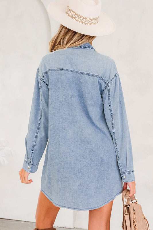 Beau Blue Chest Pocket Raw Hem Denim Loose Shirt Dress - Jaico Online Shop