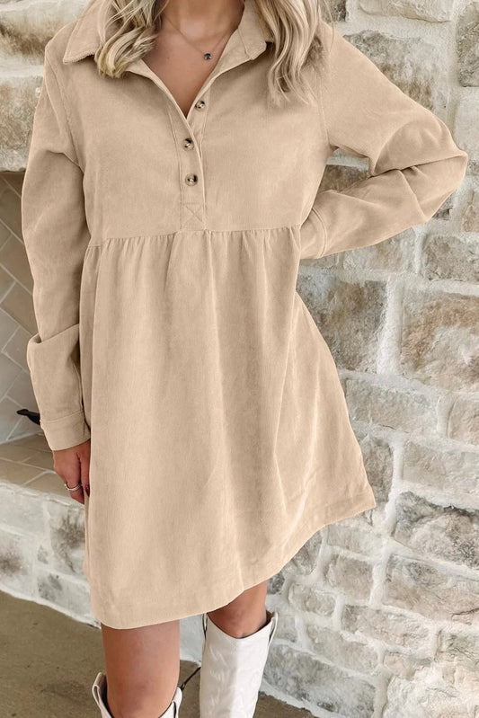 Oatmeal Corduroy Half Button Collared Long Sleeve Mini Dress - Jaico Online Shop