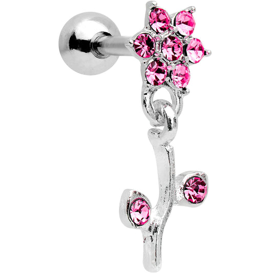 16G 1/4 Pink Gem  Flower Dangle Cartilage Tragus Earring