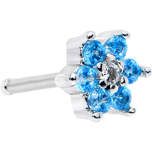 18G 1/4 Aqua Blue and Clear Cubic Zirconia Gem Flower Nose Bone