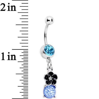 Aqua Gem Blue White Cracked Orb Black Garden Flower Dangle Belly Ring
