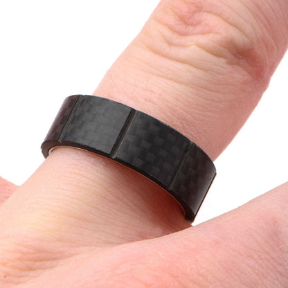 Mens Solid Carbon Fiber Ridged Stainless Steel Ring