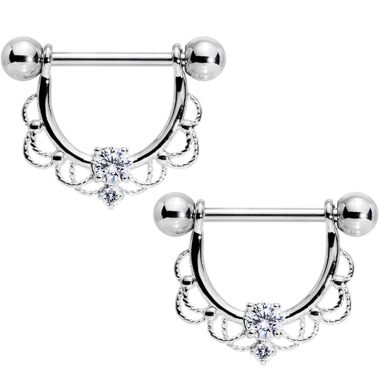 9/16 Clear CZ Gem Flourish Dangle Nipple Barbell Set