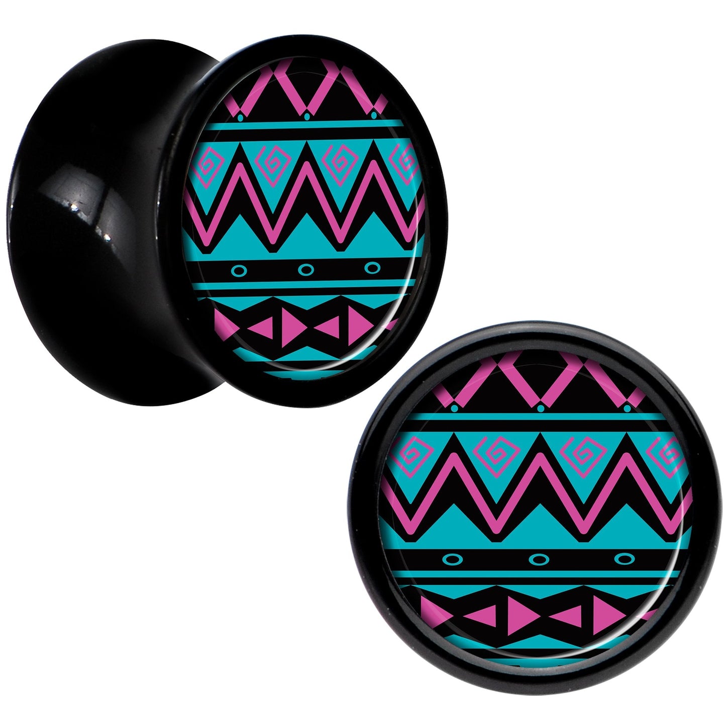 Black Acrylic Pink Teal Tribal Print Saddle Plug Set 0G