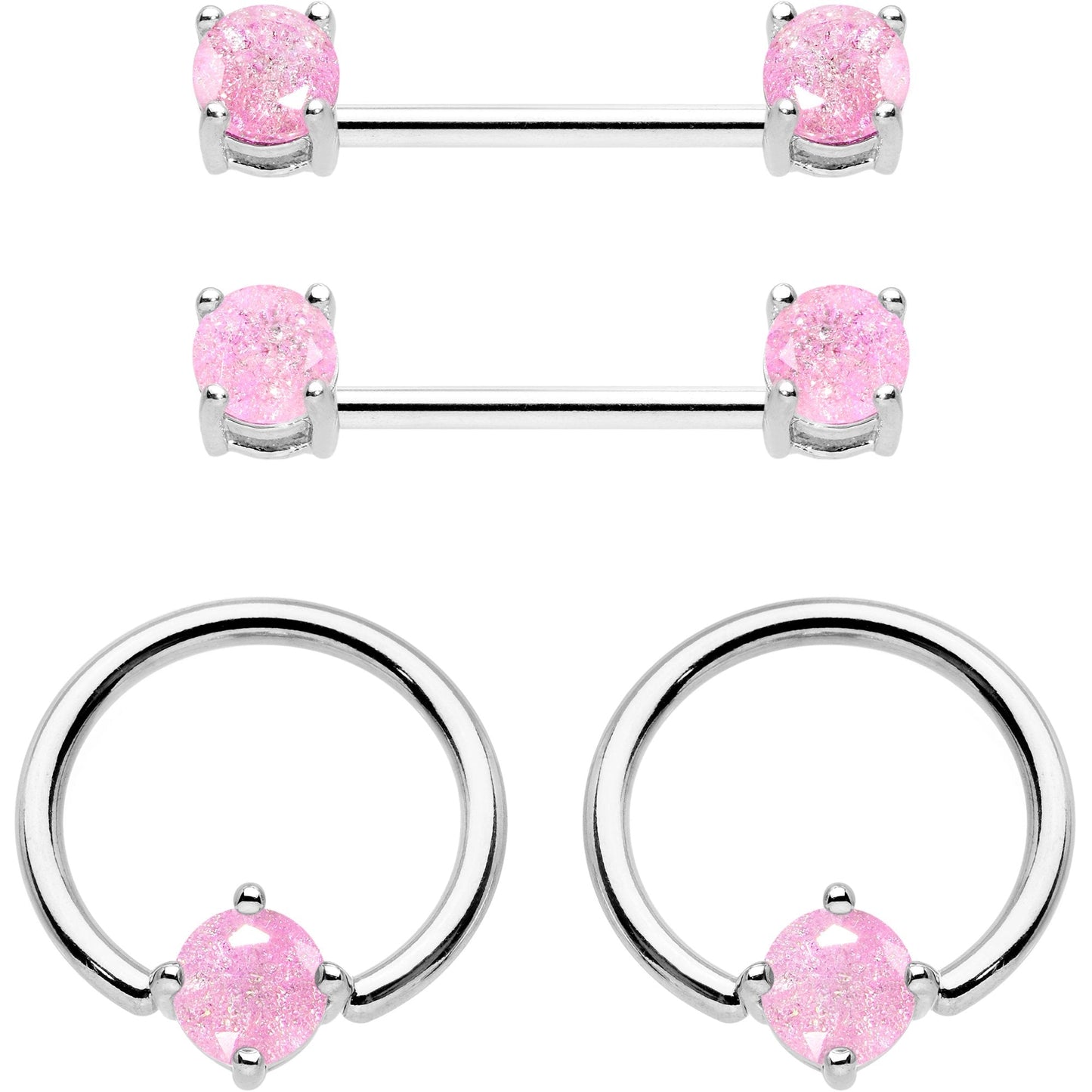 14G Pink CZ Gem BCR Captive Ring Barbell Nipple Ring Set