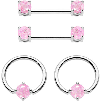 14G Pink CZ Gem BCR Captive Ring Barbell Nipple Ring Set