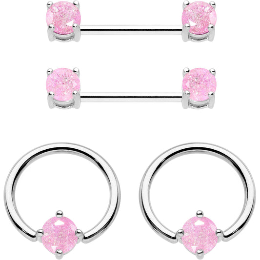 14G Pink CZ Gem BCR Captive Ring Barbell Nipple Ring Set