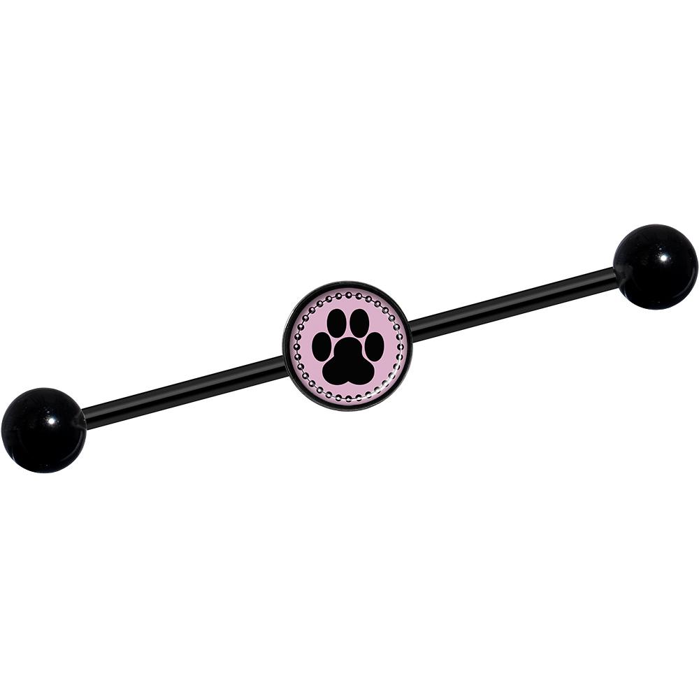 14G Black on Pink Paw Print Black Industrial Barbell 37mm