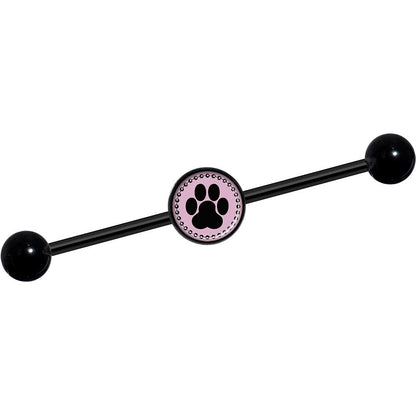 14G Black on Pink Paw Print Black Industrial Barbell 37mm