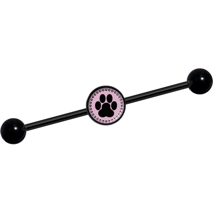 14G Black on Pink Paw Print Black Industrial Barbell 37mm