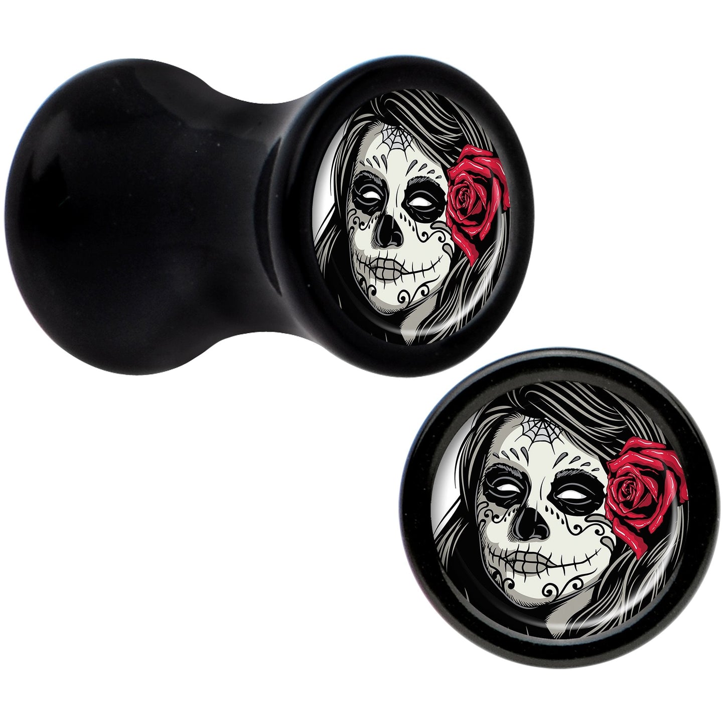 Black Acrylic Katrina Sugar Skull with Rose Flower Saddle Plug Set 4G