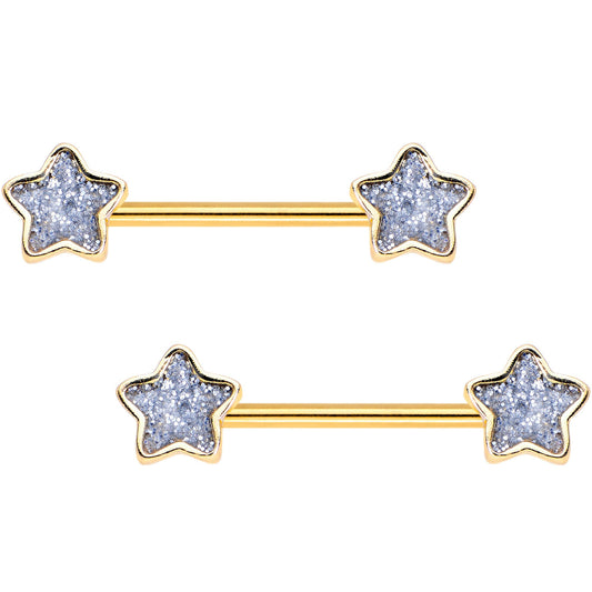 Clear Glitter Gem Gold Tone Galaxy Star Barbell Nipple Ring Set