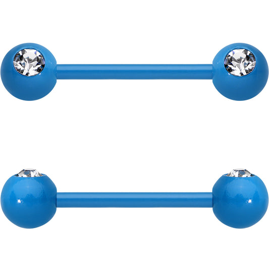 14G 5/8 Clear Gem Blue Acrylic Over Steel Nipple Barbell Set