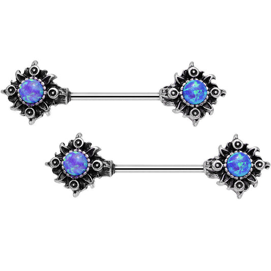 14G 5/8 Blue Synthetic Opal Tribal Sun Barbell Nipple Ring Set
