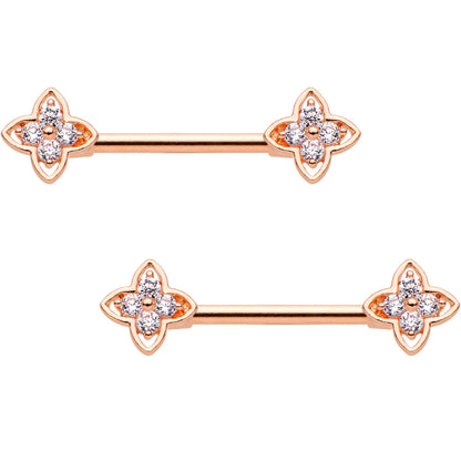 14G Clear CZ Gem Star Rose Gold Tone BCR Barbell Nipple Ring Set