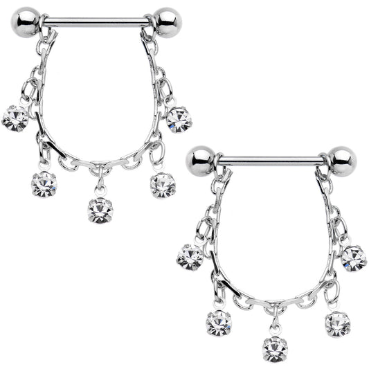 14G 5/8 Clear Gem Chain Drop Dangle Nipple Ring Set
