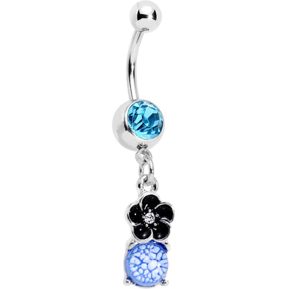 Aqua Gem Blue White Cracked Orb Black Garden Flower Dangle Belly Ring