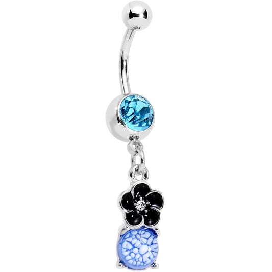 Aqua Gem Blue White Cracked Orb Black Garden Flower Dangle Belly Ring